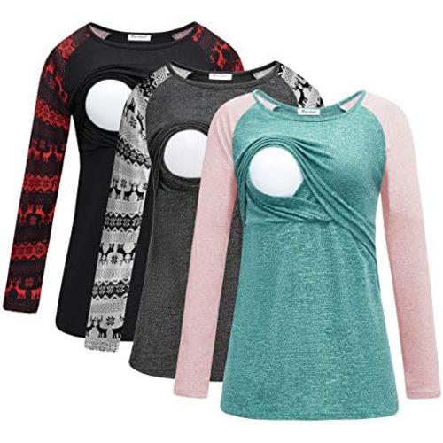 Bearsland Women's 3 Packs Maternity Clothes Long Sleeves Breastfeeding Shirts Nursing Top
