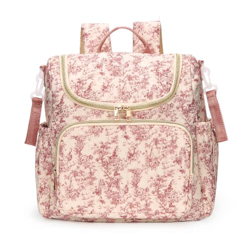 Quilted Diaper Bag Backpack Large Floral Puffy Backpack Multi-compartment Baby Storage Backpack for Travel Hospital