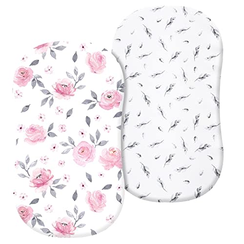 PHF 100% Cotton Bassinet Sheets 2 Pack, Soft Breathable Comfortable Cradle Sheets for Baby Girls&Boys, Premium Sheets Fits Various Cradle and Bassinet Mattress Pad, Floral Flowers