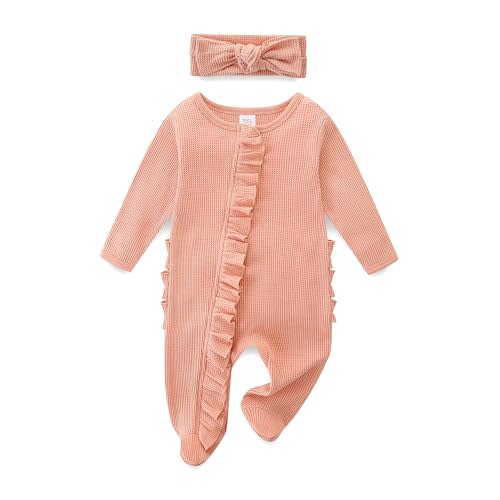 Newborn Baby Girl Ruffle Footie Romper Fall Winter Spring Coming Home Outfit One-piece Knit Jumpsuit with Bow Headband