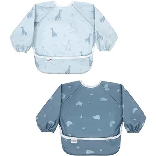 ALVABABY Baby Bibs Mess Proof Baby Bib Full Sleeve 2 Packs Waterproof Bib for Toddlers Tug Proof Closure Waterproof Washable Adjustable Girls Feeding Bib 2WDJ11-CA