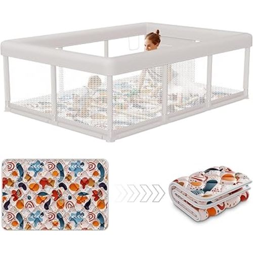 Baby Playpen 74"x50" Play Pens for Babies and Toddlers, Large Play Yards for Indoor & Outdoor with Zipper Gates, Breathable Mesh with Mat