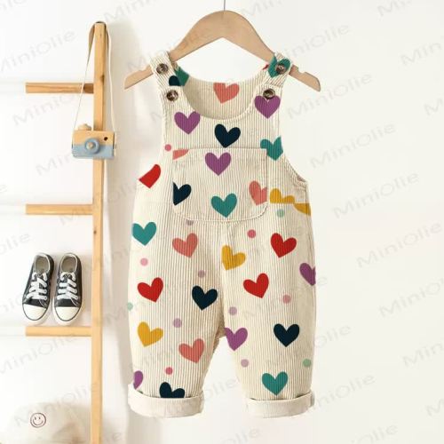 Baby Toddler Colorful Hearts & Polka Dots Beige Corduroy Overalls