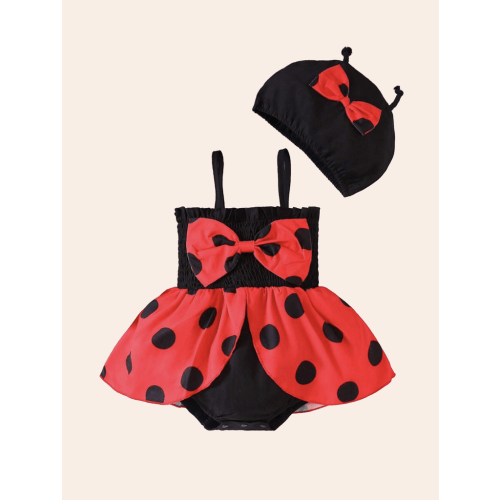 Baby Girl Red Black Lady Bug bodysuit Dress with Hat