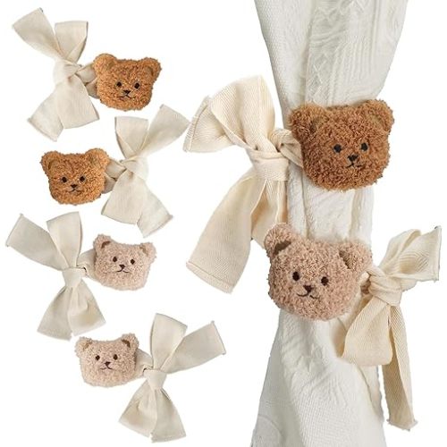 4Pcs Cute Curtain Tiebacks, Teddy Bear Tie Backs for Curtains, Nursery Decor Holdbacks Draperies Holders for Home Office, Bedroom, Room Window Treatment