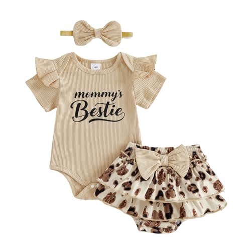 fhutpw Newborn Baby Girl Clothes Ribbed Sleeve Romper Top Leopard Ruffle Shorts Bow Headband Infant Summer Outfits 0-18M