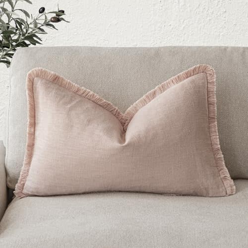 Foindtower Decorative Linen Fringe Lumbar Throw Pillow Covers Cozy Boho Farmhouse Cushion Cover with Tassel Soft Accent Pillowcase for Sofa Bed Living Room Home Decor, 1220 Inch, 1PC,Light Pink