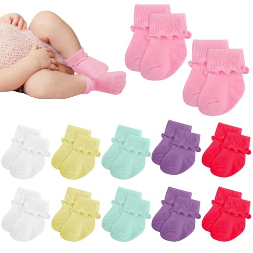 Toulite 12 Pairs Preemie Newborn Baby Ankle Socks Ruffle Turn Cuff Cotton Non-slip Warm Socks for Girls and Boys Infant