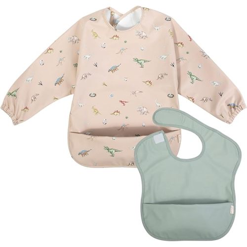 Ali+Oli Smock Bibs for Babies, BPA-Free Oeko-Tex Certified, Toddler Bib Ages 6m+ - (Dino-mint)