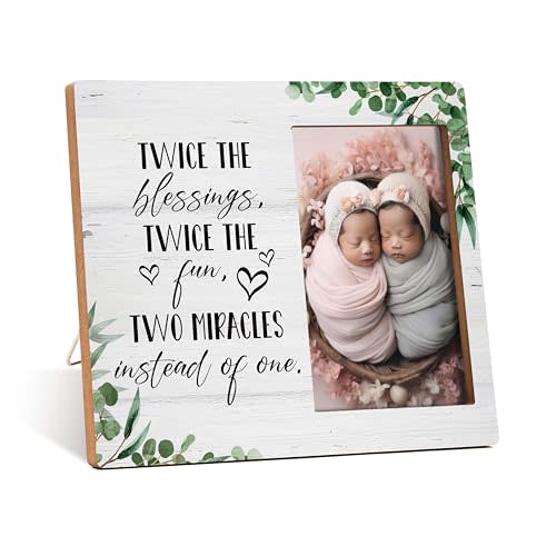 Qiwog Twins Photo Frame - Twice The Blessings Twice The Fun Pregnancy Announcement Picture Frame - Baby Twin Gifts - Twin Boys Girls Gift For Babies, Twins Gifts For Mom -B04