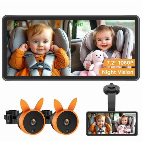 Dual Baby Car Monitor for 2 Kids 7.2" 1080P HD Display Night Vision Easy Install Rear-Facing View TikTokShopBacktoSchool Newborn Gift Sleep