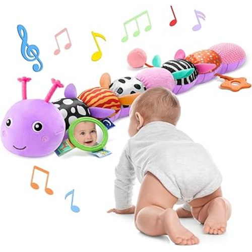 AWOTOY Baby Toys 6-12 Months Music Caterpillar Infant Toys Stuffed Animals 0-3-6 Months Teething Tummy Time Sensory Toys with Mirror Rattle&Pull String for Boys Girls Birthday Gifts|Lavender Purple