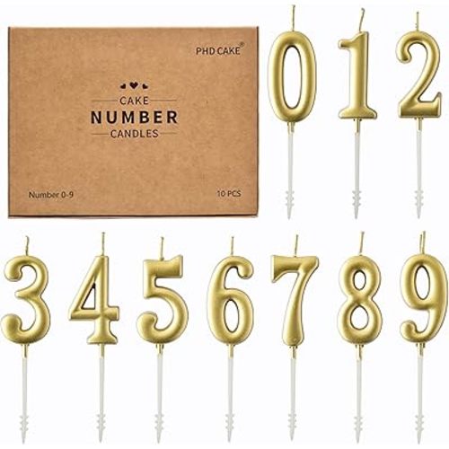 PHD CAKE 10-Pieces Gold Numeral Birthday Candles, Cake Numeral Candles Number 0-9 Glitter Cake Topper Decoration for Birthday,Wedding Anniversary,Party Celebration