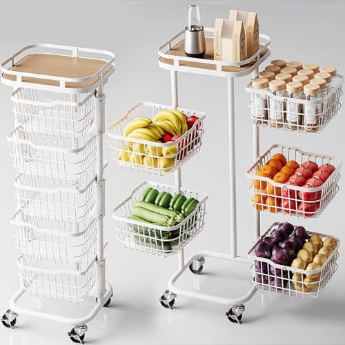 5 Tier Rotating Kitchen Storage Cart, Fruit Vegetable Potato Rack Stand | Patented Swivel Part Spin Smoothly Even Full. Rustproof. One-Piece Wire Bin Prevent Sagging. Keep Onion, Veggie, Spices Fresh