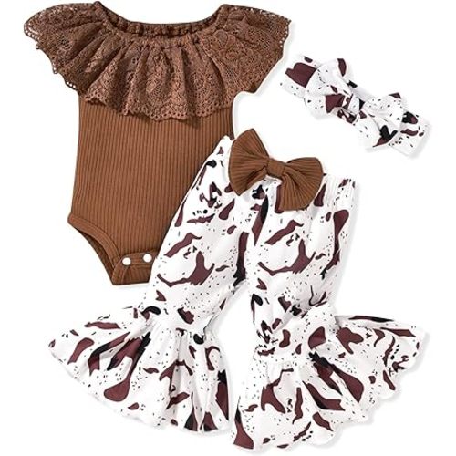HINTINA Newborn Baby Girl Short Sleeve Bodysuit Flared Pants Ribbed Outfits