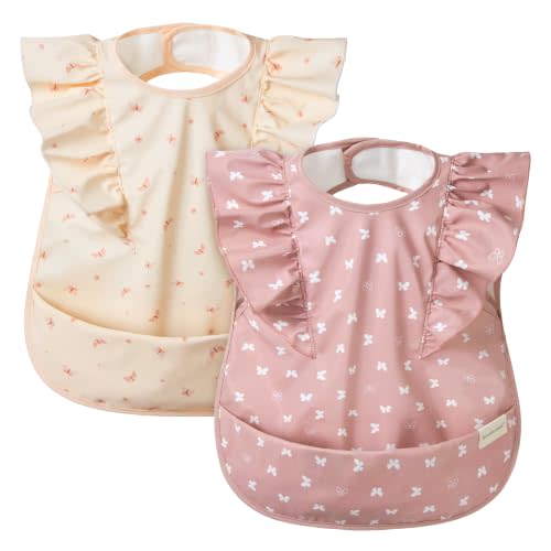 KeaBabies Waterproof Bibs for Baby Girl,Boy, 2-pk Lightweight (Butterflies) | Large Baby Bibs for Eating, Wearable Food Catcher, 6-12 Months Baby Feeding Essentials, Smock Bib for Toddlers 1-3, Kids