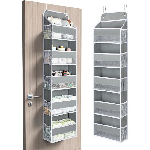 Yecaye 1 Pc Over the Door Organizer with 5 Bins 10 Side Pockets, 44lbs Load Hanging Bathroom and Bedroom Organizer, behind the Door Hanging Organizers for Nursery Newborn Baby Essential Stuff Grey