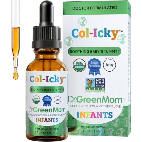 Col-Icky Baby Gas & Colic Drops — Organic Gripe Water Alternative for Infants — Tummy Drops Fennel Chamomile Ginger — Soothes Gas, Hiccups & Teething — Alcohol Free Vegan — 1 Fl Oz