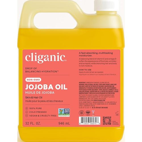 Cliganic Non-GMO Jojoba Oil Bulk 32oz, 100% Pure - Natural Cold Pressed Unrefined Hexane Free Oil for Hair & Face