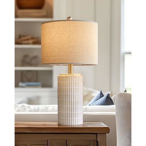 PoKat 23'' Bedside Table Lamp for Bedroom Nightstands, Modern Ceramic Decor | White Desk Lamp, Nickel Pole, House Warming & Birthday Gifts, for Women Mom, Ideal Table Light for End Table & Living Room