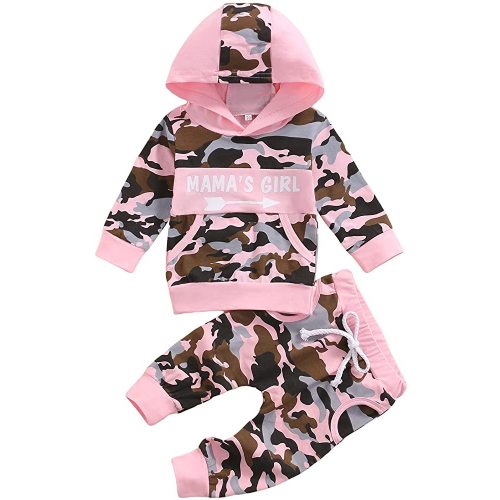 Newborn Baby Little Girls Fall Suits Long Sleeve Pink Pockets Hooded Camouflage Pants Clothes Set