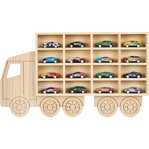 Wooden Display Case for 1:64 Toy Cars – Car Organizer Shelf Holds 16 Diecast Cars, Great Gift for Kids & Collectors, Wall-Mounted Car Storage Rack(WD5330)