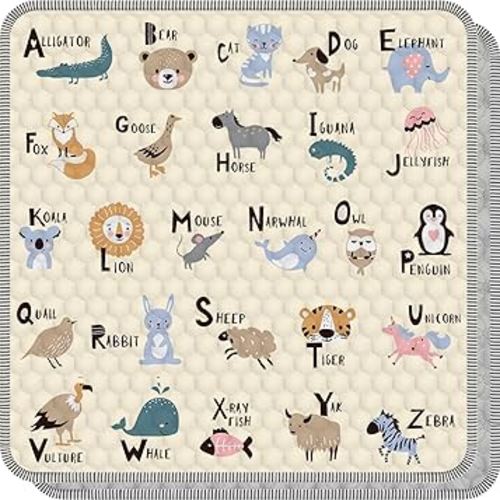 Baby Play Mat for Floor 59x59, Soft Portable, Non-Slip Crawling Mat Machine Washable Foldable Playmate for Babies,Toddlers, Infants Indoor/Outdoor Use, Alphabet & Animal Design