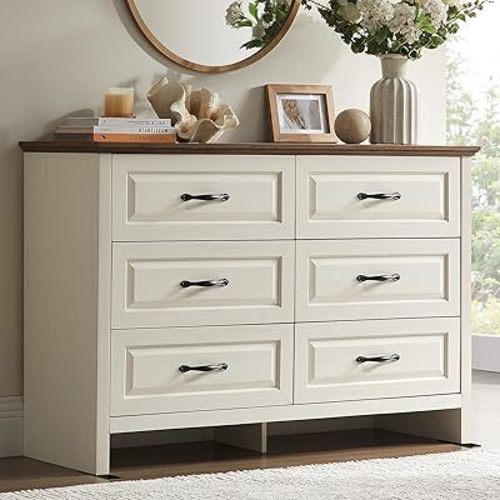 Amada Farmhouse 6 Drawer Dresser for Bedroom, 47.2 Inch Wide Wood Dresser with Natural Texture, Large Drawers, Rustic Farmhouse Chest of Drawers for Bedroom, Living Room, Hallway, Brown & White