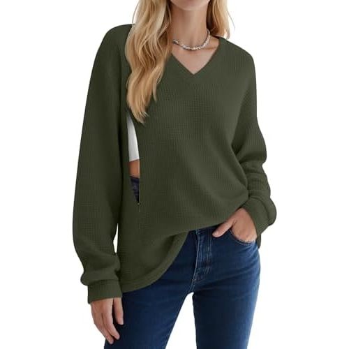 Women’s Waffle Knit Nursing Shirts, Long Sleeve Oversized Breastfeeding Tops Hidden Zipper V Neck Maternity Tops