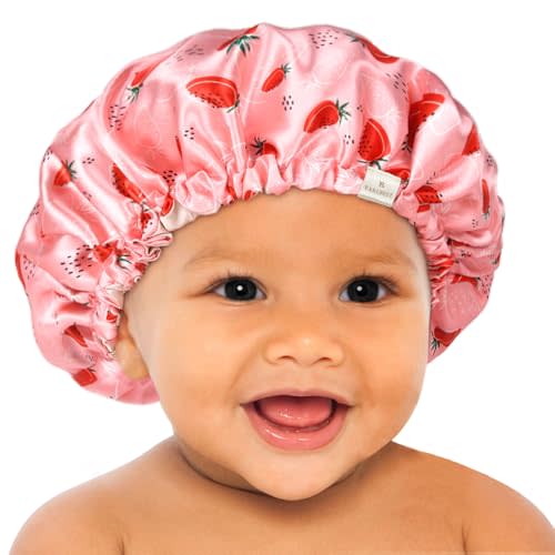 YANIBEST Baby Satin Bonnet Sleep Cap - Double Layer Reversible Adjustable Silky Satin Cap for Infant Toddler(0-6Months,Strawberry)