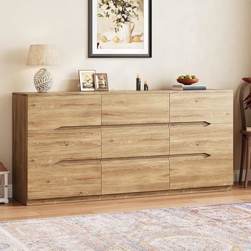 Natural 9 Drawer Dresser for Bedroom,60.3" Wide Chest of Drawers with Groove Handle,Modern Large Dressers with Slide Rail, Long Storage Cabinet for Living Room,Hallway and Closet