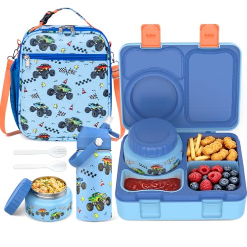 Kids Bento Box with Food Jar, Water Bottle, Lunch Bag, Vehicle | Leakproof 3-4 Compartment Bento Box for Toddler Teen Boys Girls, Insulated Food Jar for School, Daycare and Travel. Ages 3+
