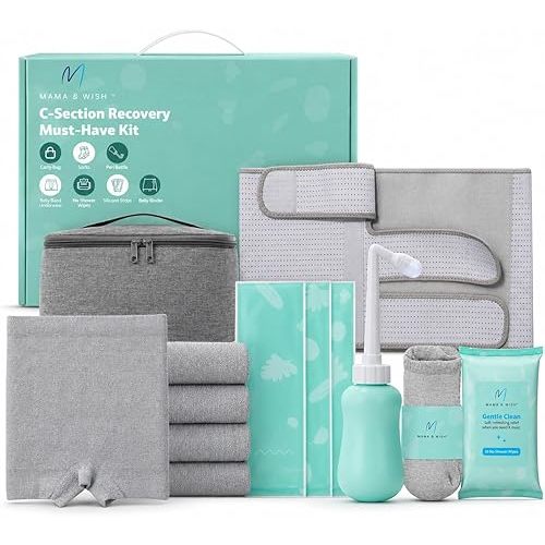 Mama & Wish® C-Section Recovery Kit – Postpartum Essentials C Section 12-Pc: Belly Binder, Silicone Scar Patches, Peri Bottle, Disposable Underwear, Wipes, Grip Socks & Toiletry Bag