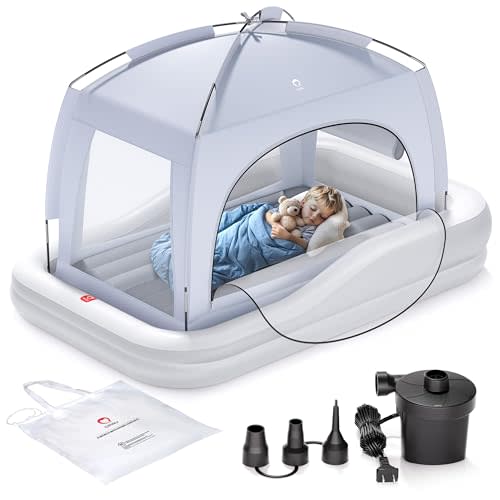 QPAU Inflatable Toddler Travel Bed with Tent, Baby Crib Tent, Portable Kids Air Mattress with Safety Bumpers, Ideal for Home, Grandma's, Camping, Traveling -Includes Fast Electric Pump
