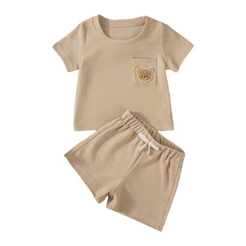 HCNTES Baby Boy Shorts Set Summer Clothes Toddler Bear Embroidery Short Sleeve Lapel T Shirt Shorts Outfit hot wheel toddler clothing 2 piece(9-12 Months,Khaki)