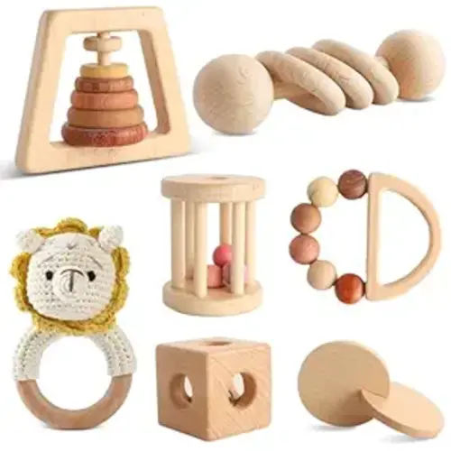 Wooden Montessori Toys 7PCS Wooden Baby Toy for Babies 12-36 Months, Natural Wood Rattle Toy Set with Crochet Lion Rattle, Gift for Infant Boys Girls