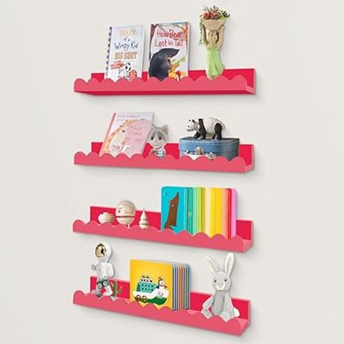Nursery Shelves for Wall, Pink Scalloped Shelves Floating Wall Shelves Set Book Shelves for Kids, Home Decor Nursery Bookshelf Toilet Shelf (15.5 inch)
