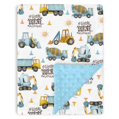 Blue Construction Trucks Baby Blankets for Boys 30" x 40", Soft Double Layer Minky Blanket with Dotted Fleece Back, Nursery Bed Receiving Quilt for Newborn Infant Toddler Shower Gift