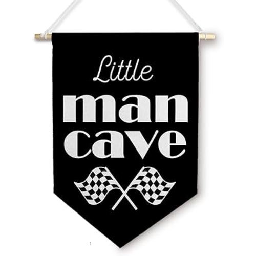BlissfulAbon Little Man Cave Boy Nursery Wall Canvas Banner, Cars Room Decor for Boys, Checkerboard Car Racing Wall Hanging Decor Pennant Flags for Boys Bedroom Room Playroom, 11×15 Inch