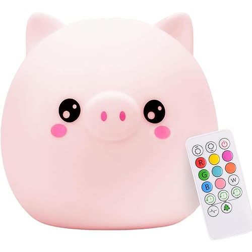 Lumipets Remote Control Silicone Night Light for Kids - Pig Design with 9 Soft Colors & Sleep Timer - Rechargeable, Battery-Operated Lamp for Bedroom | Baby Nursery, Toddler, Girls, Boys
