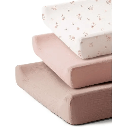 Coreeky 3 Pack Muslin Changing Pad Covers for Girl, Boy, 100% Soft Cotton Changing Table Cover, Breathable Baby Nursery Diaper Change Pad Fitted Sheets (Daisy Petal)