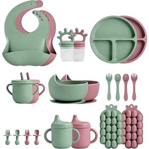 22 Pcs Silicone Baby Feeding Set with Suction Plate, Bowl, Bib, Sippy Cup, Fruit Feeder & Freezer Tray, Training cup with straw, Silicone Fork & Spoon, Baby Eating Utensils (Pink+Green)