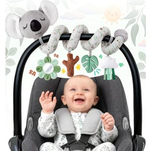 Stuffed Aesthetic Koala Spiral Car Seat Toys for Babies, Gender Neutral Infant Stroller Toy with Teether Hanging, Baby Registry Search Must Haves 0-6 Months