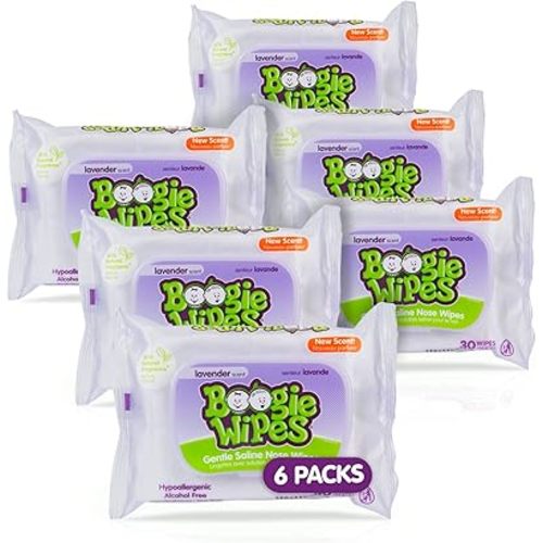 Baby Wipes by Boogie Wipes, Wet Wipes for Face, Hand, Body & Nose, Made with Vitamin E, Aloe, Chamomile and Natural Saline, Natural Lavender Scent, 30 Count, Pack of 6