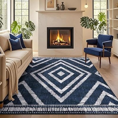 Boho Washable Rugs 5x7ft for Living Room, Navy Blue Thin Bedroom Area Rugs Non Slip, Moroccan Soft Kids Nusery Area Floor Carpets for Dining Room Playroom Kitchen Home Office Decor