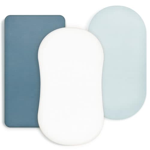 GRSSDER Stretchy Ultra Soft Fitted Bassinet Sheet 3 Pack, Universal Fit for Bassinets Baby Cradle Moses Basket Oval Rectangle Mattress Safe and Snug, Jersey Bassinet Sheets for Girls, White/Blue