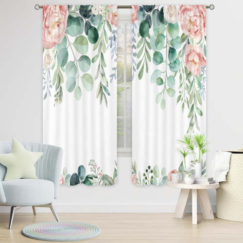 Pink Floral Eucalyptus Curtains 42Wx63H Inch Rod Pocket Watercolor Flower Leaves for Girls Women Bedroom Rustic Green Plants Botanical Spring Nature Living Room Window Drapes Fabric 2 Panels