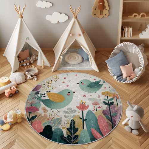 Round Bird and Floral Kids Room Rug – Colorful Nature Play Mat with Cute Birds and Flowers