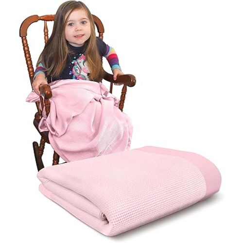 Blankets Thermal Waffle Baby Blanket Crib Bedding - Soft Cozy Warm Infant Thermal Cover for Nursery Stroller or Bassinet, Lightweight Ideal Shower Gift, Satin Trim Pink 36" x 50"