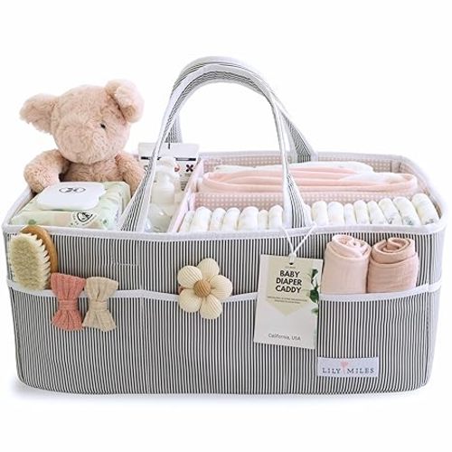 Lily Miles Baby Diaper Caddy - Organizer Tote Bag for Infant Boy or Girl - Baby Shower Basket - Nursery Must Haves - Registry Favorites - Newborn Caddie Car - Gray/Gray, Extra Large
